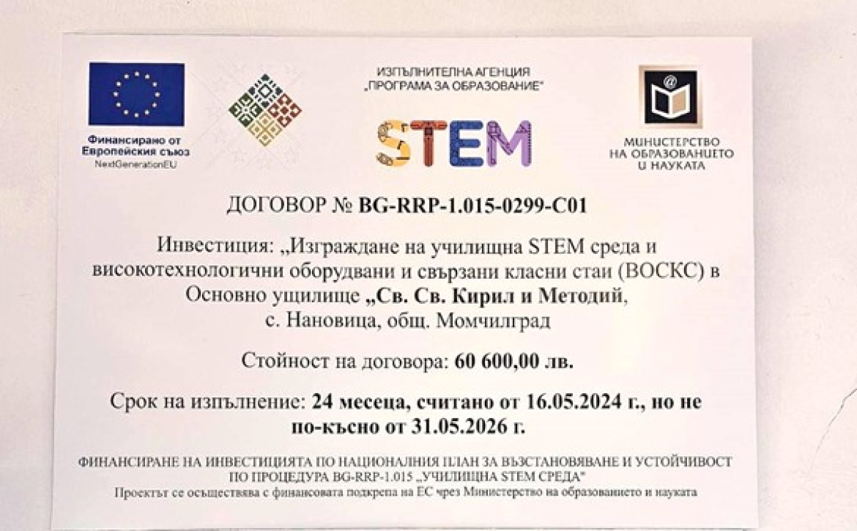 Основно училище &bdquo;Св. Св. Кирил и Методий&ldquo; &ndash; с. Нановица с изграден STEM кабинет